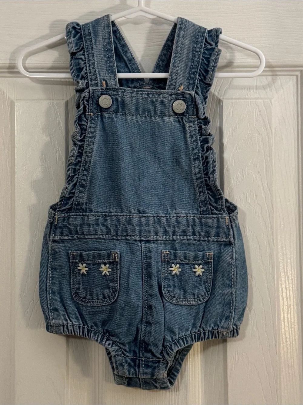 Old Navy Baby Girl Blue Denim Ruffle Strap Bubble with Embroidered Daisy Pockets